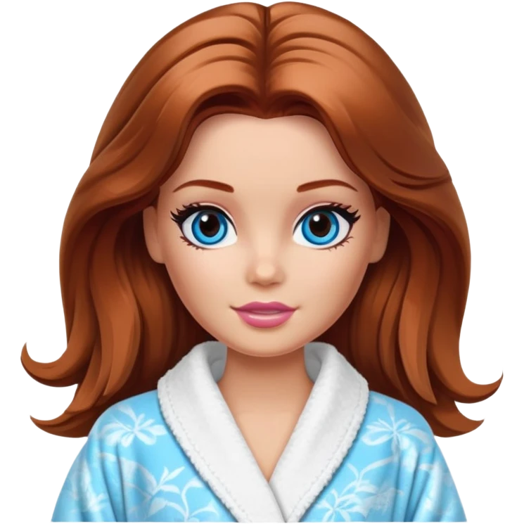 Barbie's face eyes blue with shoulder-length reddish-brown hair, makeup, cream smeared on her face , in a bathrobe with emoji