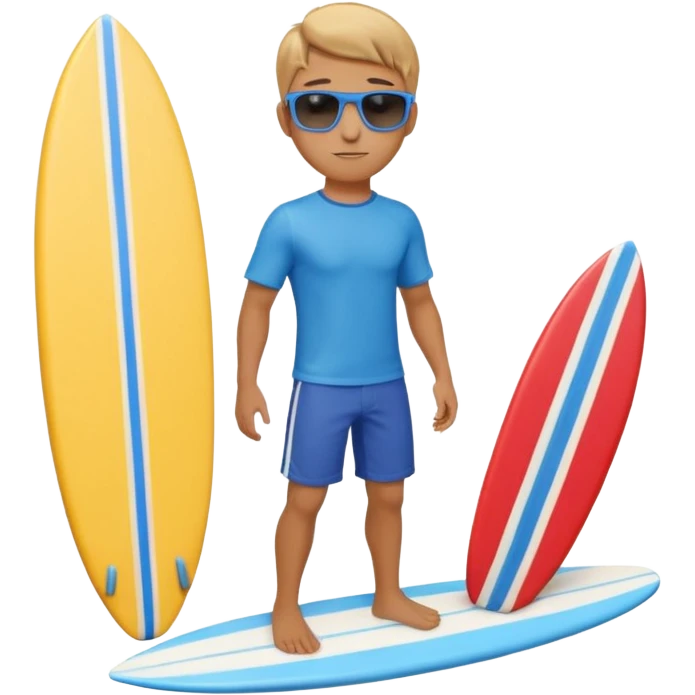 cute male surfer riding a wave, wearing shorts, sunglasses, holding balance, colorful surfboard, 3D cartoon, mobile game icon, clean background, no text emoji