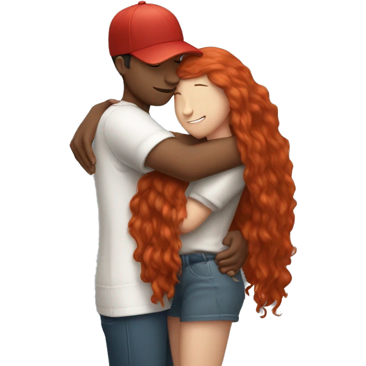 Girl with long red hair hugging tall boy with backwards baseball hat emoji