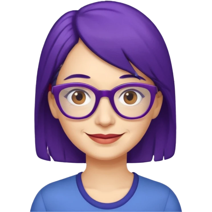 Cartoon 50-year-old youthful woman with purple glasses, brown eyes, and dark blue (not purple) hair to her shoulders. emoji