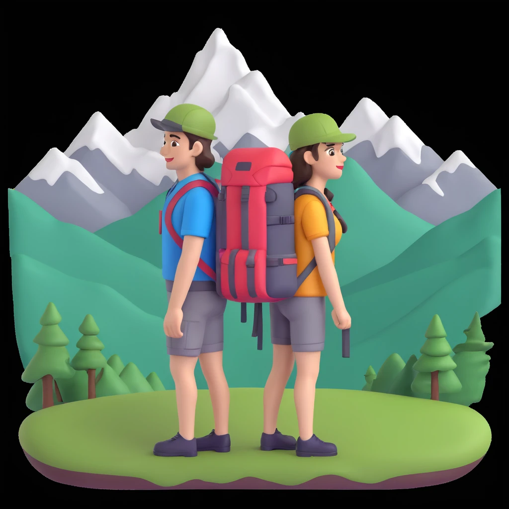 back packer couple posing, mountains in background,   close up pose emoji