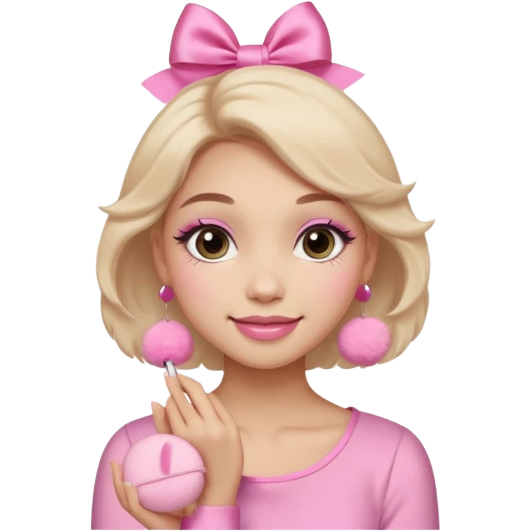 female face, light skin tone, small simple closed smile. One hand visible holding a round fluffy pink makeup powder puff pressed to the cheek; the puff has a small satin bow. emoji