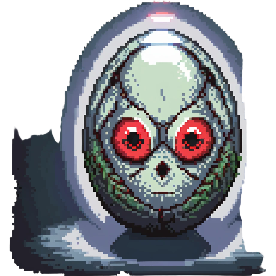 a strange large transparent alien egg, floating inside with a visible creature inside, embryo, embryonic, fetal shape, primordial, 3 glowing red eyes, illuminated from above emoji