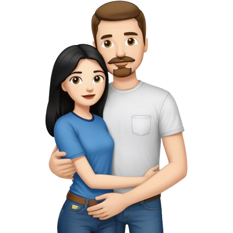 tall white man with brown hair goatee mustache wearing t-shirt and jeans hugging a shorter white woman with long black hair emoji
