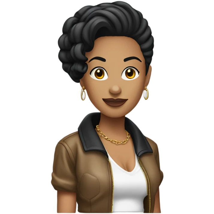 Tanned woman with black hair dressed in 1990s hip hop hair, makeup, and attire  emoji