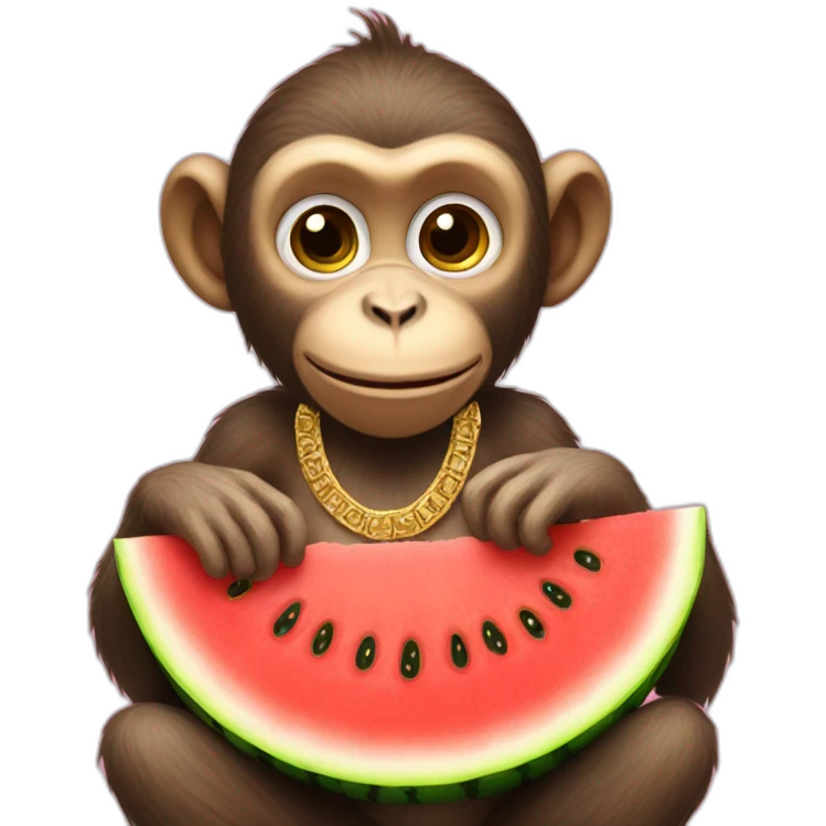 monkey wearing gold jewellry and is eating watermelon emoji