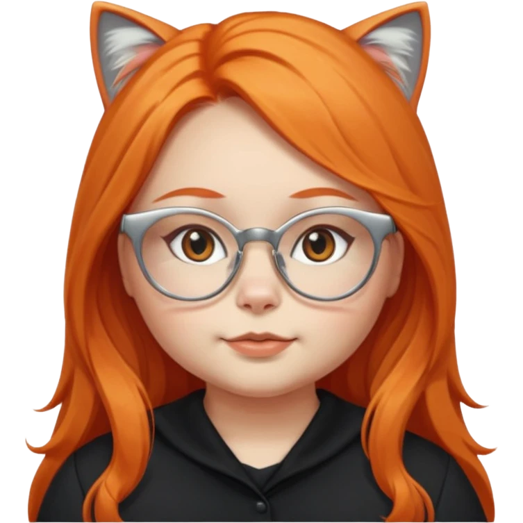 girl with chubby cheeks, very long orange hair, and silver cat-eye glasses. Black clothes. Without cat or cat ears emoji