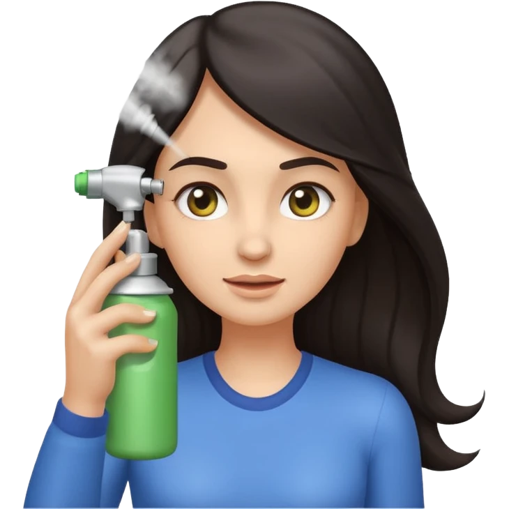 Emoji-style illustration of a woman with long dark hair, front-facing, simple rounded facial features, big expressive eyes, flat vector shading. A hand is spraying hair spray from a small aerosol can toward her hair, visible mist/spray particles in the air.  emoji
