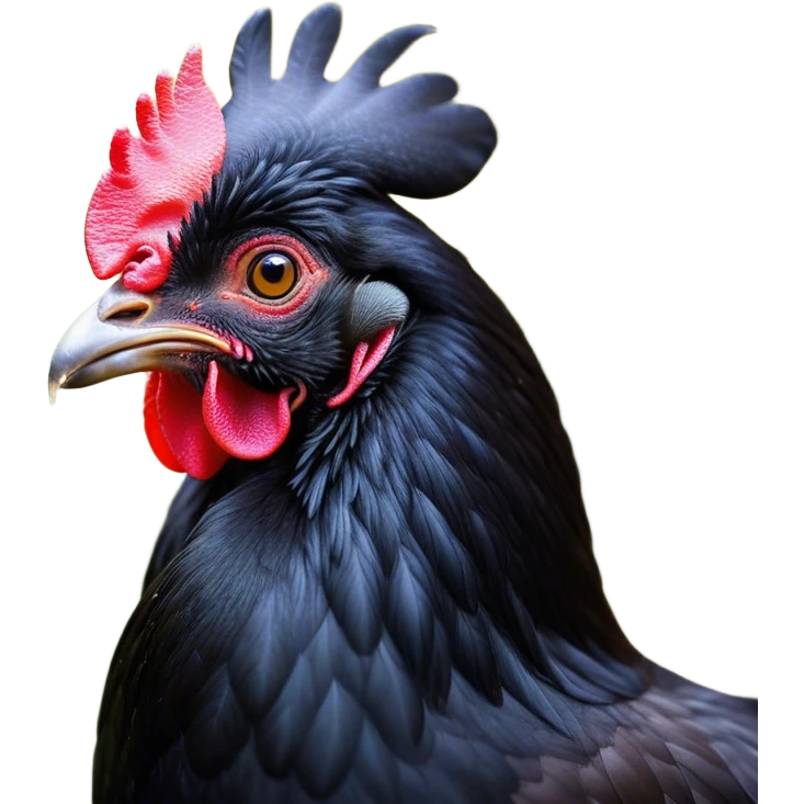 Cinematic Noble Black Chicken Portrait Emoji, Poised and regal, with a compact, sturdy build and a glossy, well-groomed pure black plumage, deep-set soulful beady eyes, Simplified yet sharp and sophisticated features, highly detailed, glowing with a soft, dignified glow, high shine, intelligent and alert, stylized with an air of mysterious elegance, focused and attentive, soft glowing outline, capturing the essence of a watchful and confident fowl, so majestic it feels as though it could strut out of the screen with effortless authority! emoji