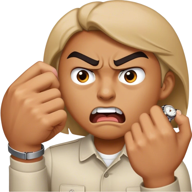 A person with a angry face tapping their watch to rush someone  emoji