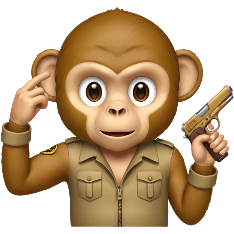 “A monkey covering his mouth with one hand and holding a gun to his head with the other hand.” emoji