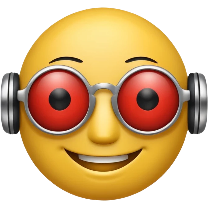 Yellow smiley face head with sunglasses, but the right eye is a red robot eye emoji