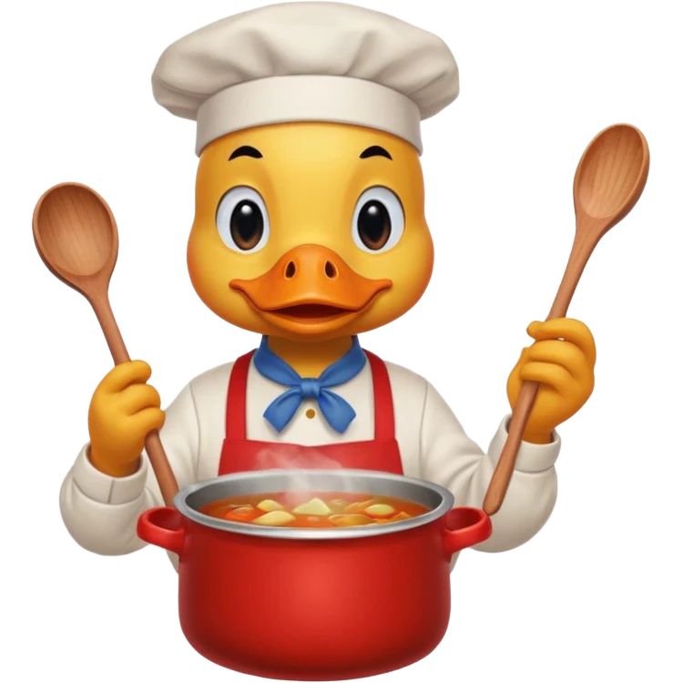 A duck wearing red apron stirring soup in a small pot, looking very focused. emoji