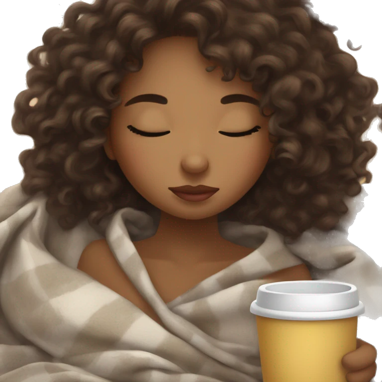 Curly girl brunette inside a blanket sipping coffee eyes closed emoji