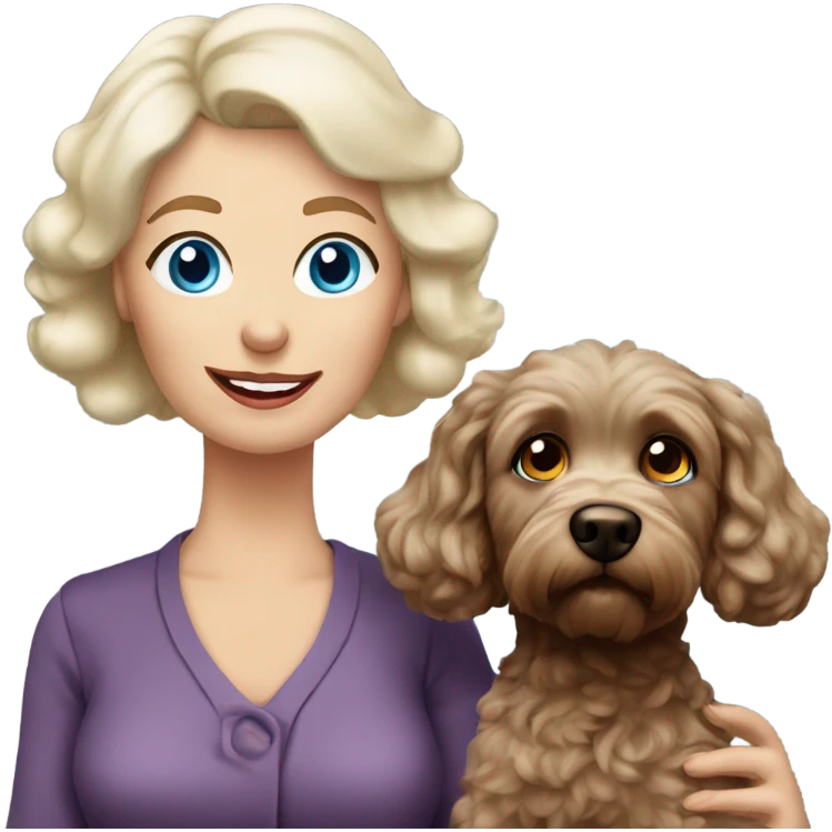 blue eyed old blonde lady with dark brown Cockapoo puppy dog emoji