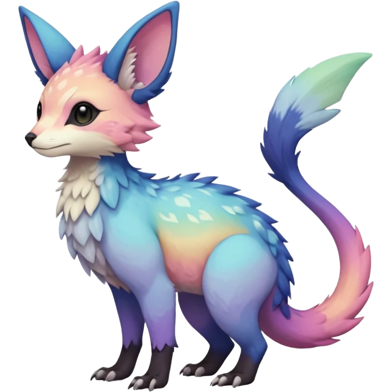 Feral Rare realistic edgy pretty beautiful handsome gorgeous pastel-gradient aesthetic colorful vibrant Vernid-Trico-species-Fakemon-creature by LiLaiRa, random markings, tufted ears, full body emoji