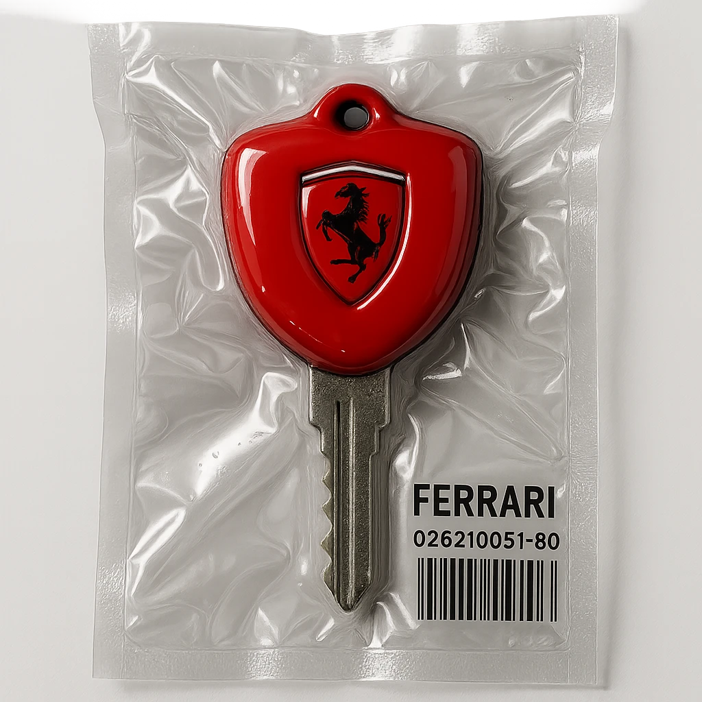 classic Ferrari car key, red with Ferrari logo, glossy and puffy emoji