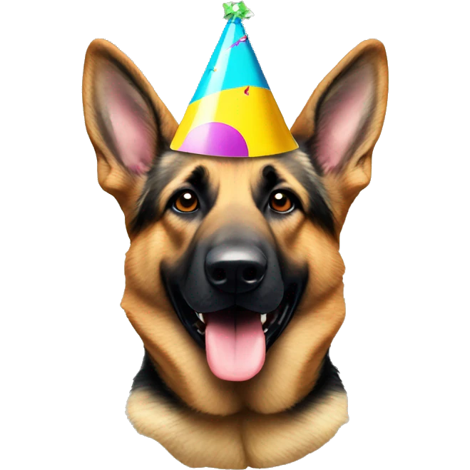 German shepherd wearing a party hat emoji
