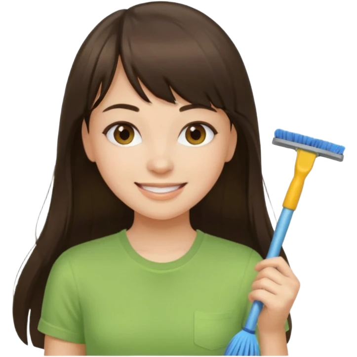 girl brunette with bangs long hair cleaning light green shirt emoji