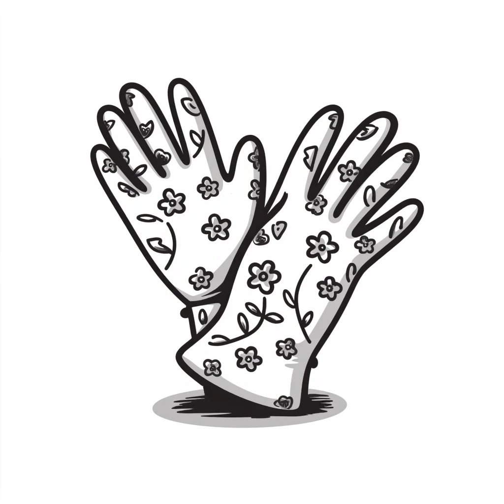 Garden gloves with floral pattern in pastel colors (dd9fb0, ffc6d3, a3bfc9, c4bee2, f1b091), hand-drawn doodle style emoji