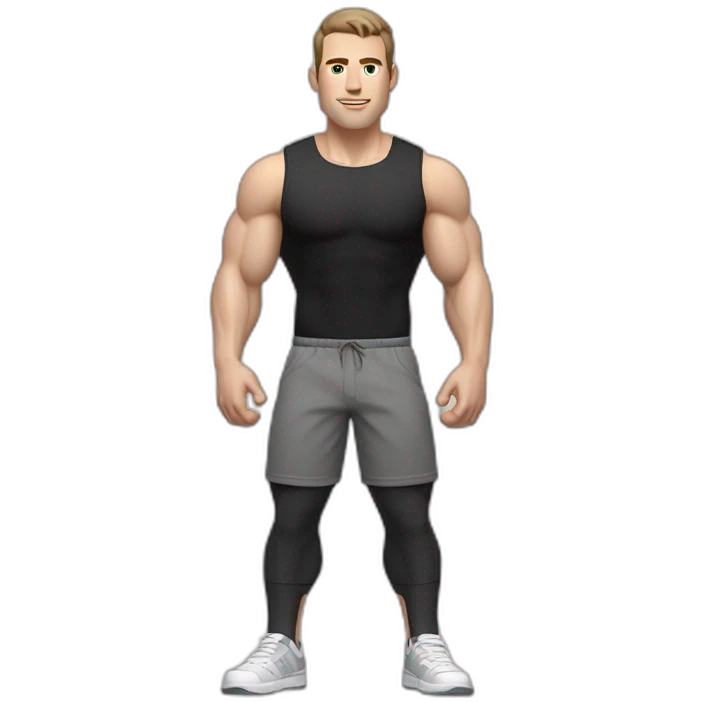 Idyll Pale skinned Fit Man With the biceps and dark brown hair in black shirt, gray sports shorts and white Sneakers emoji