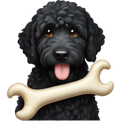 All black labradoodle carrying bone in mouth  emoji