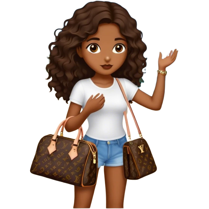  Brown girl with dark brown medium beach wavy hair carrying one Louis Vuitton purse on her arm while standing  emoji