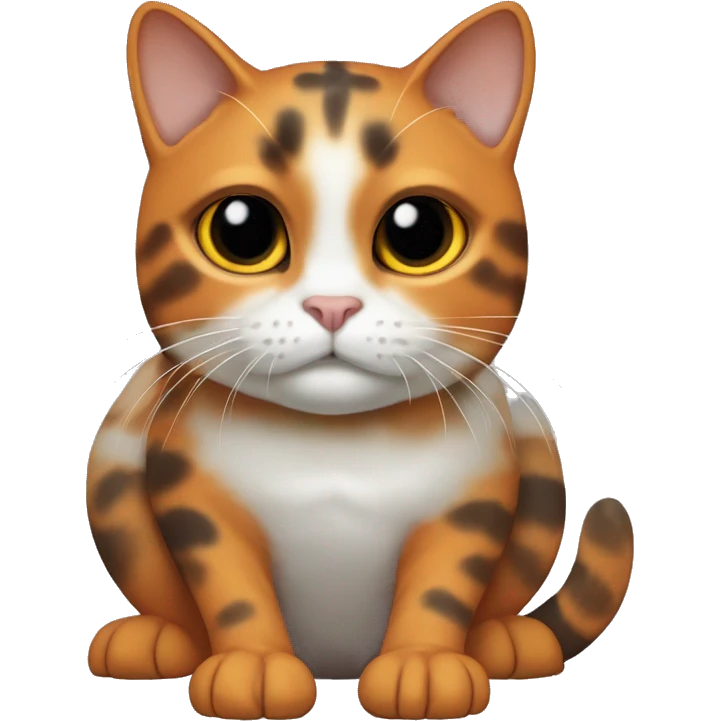 turtleshell cat, one side of her face orange the other side black, a white mouth and strip between the eyes, a small orange patch under mouth, belly is white and paws are white, black front legs orange back legs and the rest of her body is turtleshell emoji