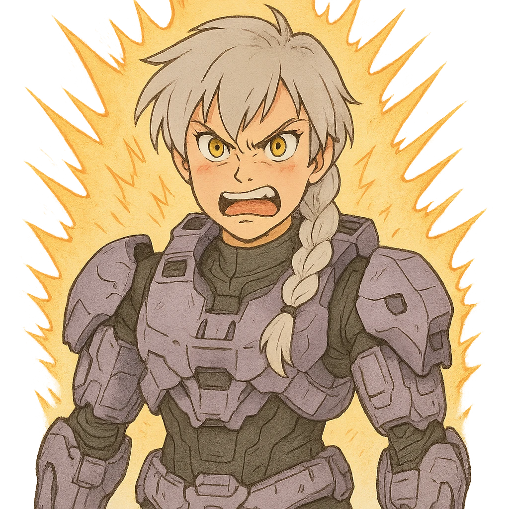 making an angry scowl rage face, rage aura,  female, wearing reach spartan armor shoulder-unequip, long white braid hair with massive messy front side single bangs, gold yellow eyes, attention pose, D-cup size, HALO:series, no helmet, the armor is lavender color scheme, emoji