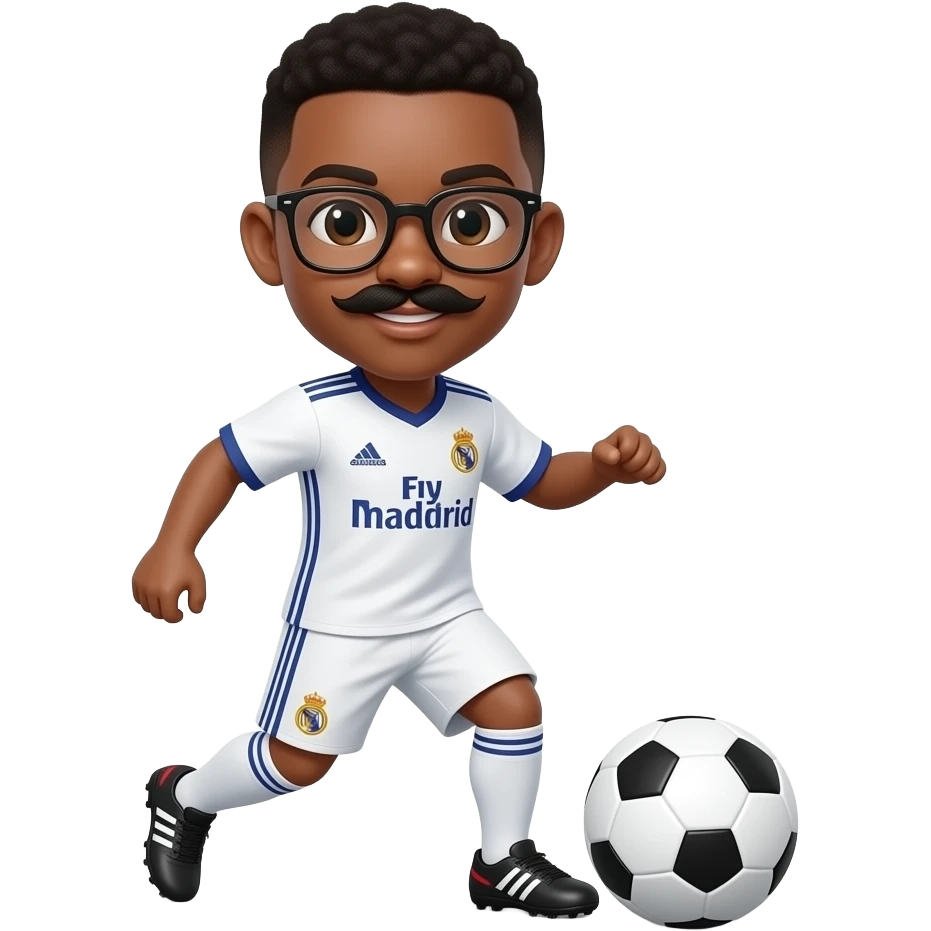 black boy with glasses playing football with a madrid jersey and mustache emoji