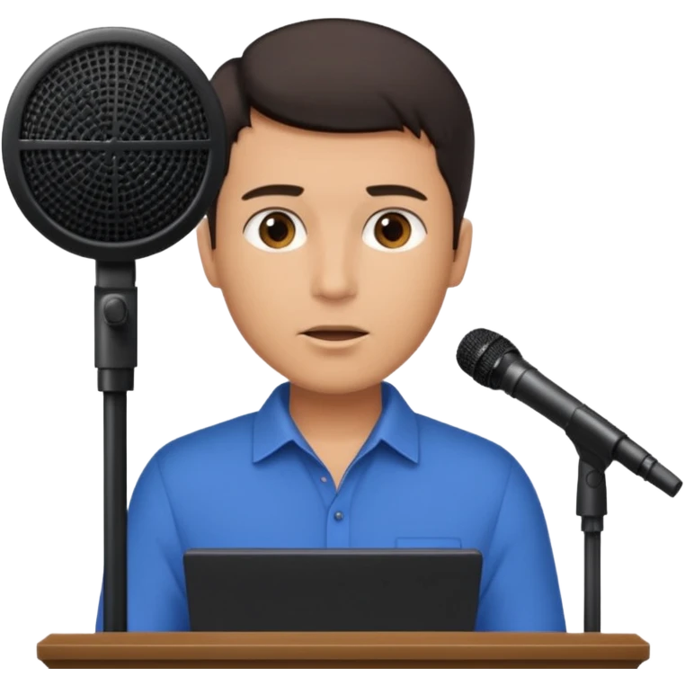 A man speaks into a microphone, and there is a prompter screen in front of him. emoji