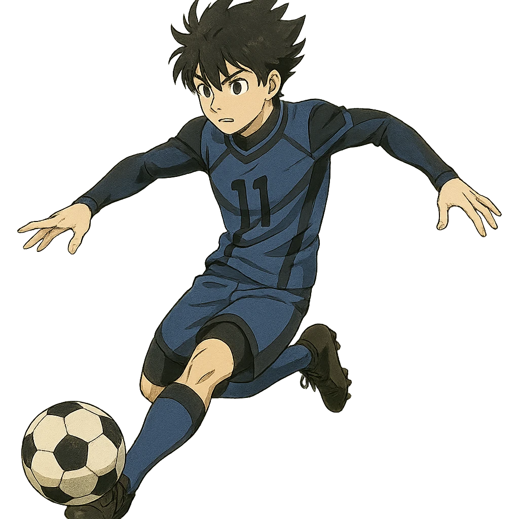 anime soccer player inspired by Blue Lock, dynamic pose, blue and black uniform emoji