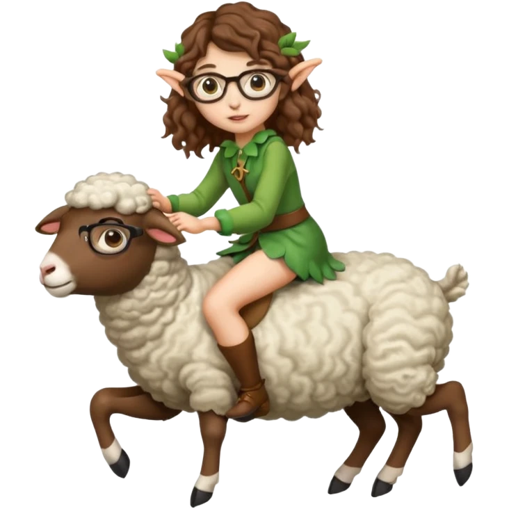 tiny forest elf woman brown wavy hair glasses riding a sheep emoji