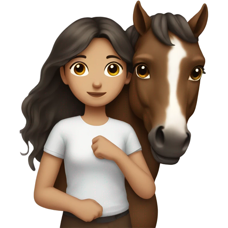Girl with dark brown hair hugging brown horse with white spots  emoji