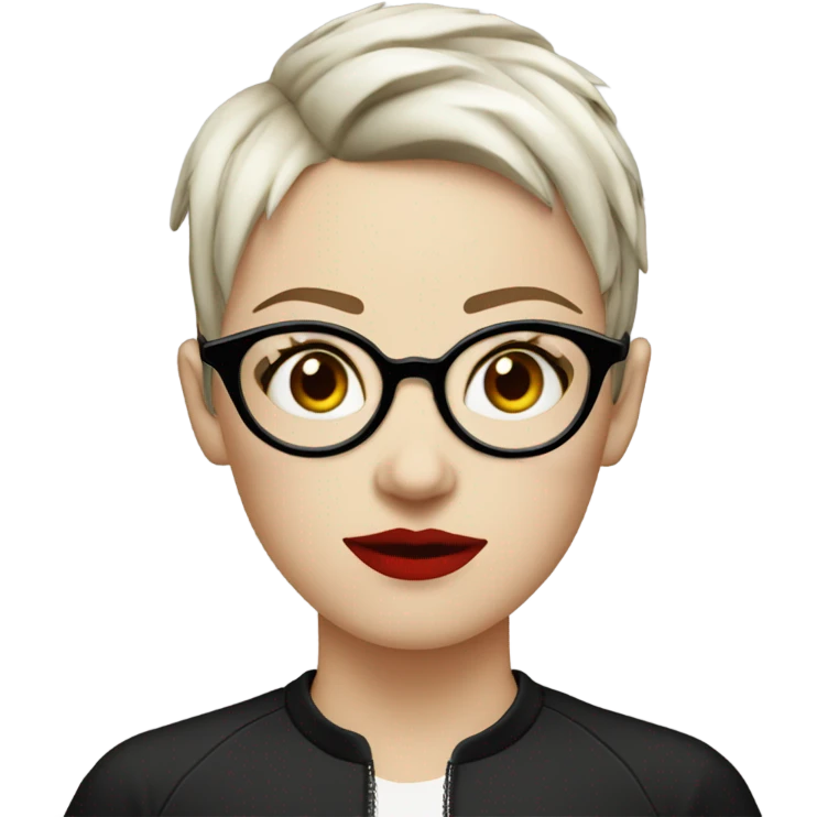 white girl with red and black short emo hair short on only one side round face and rounded glasses rounded nose and rounded lips emoji