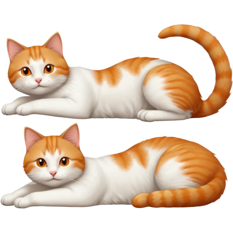 ginger and white cat with orange eyes doing a big extremely long stretch reaching up into the air with arms and legs side by side together straight and overextended whilst lying on its side emoji