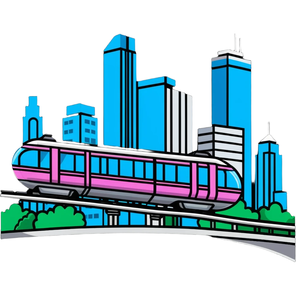 Futuristic monorail train curving above a cityscape with tall buildings emoji