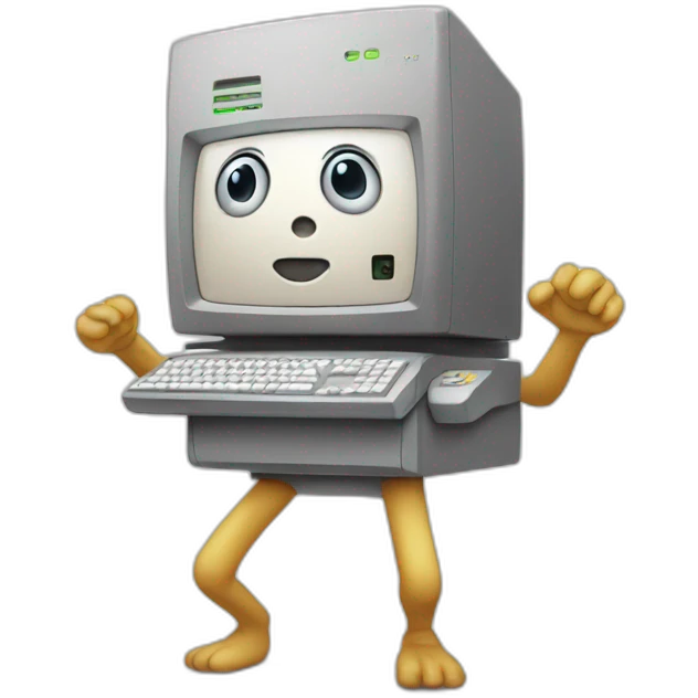 Anthropomorphic computer with a face, arms and legs doing something random emoji