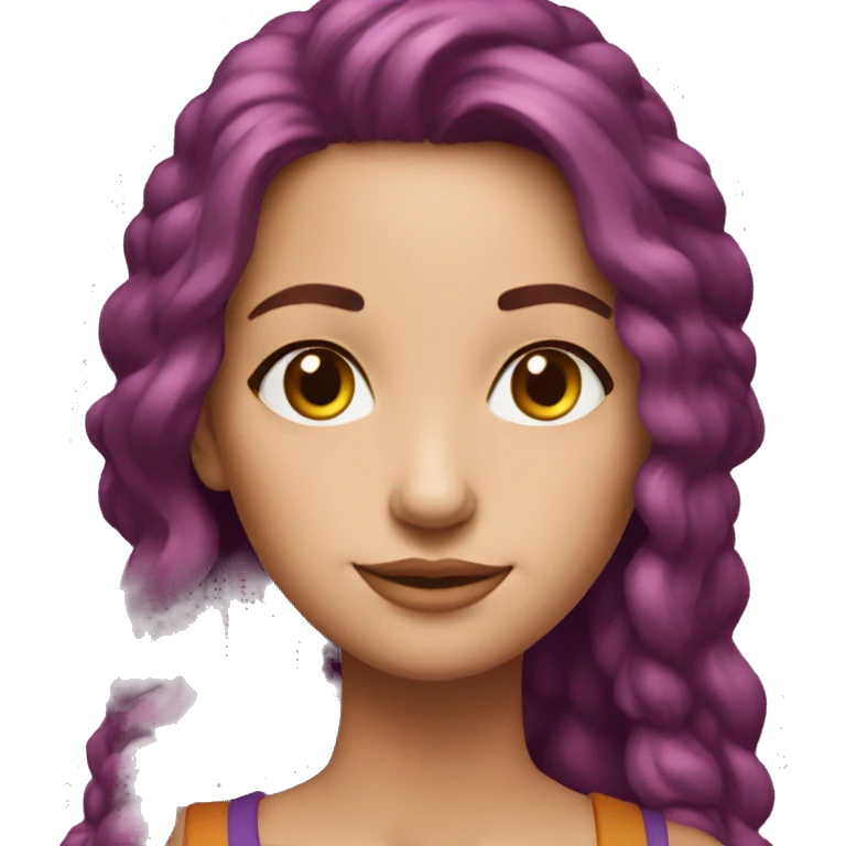 Woman 50 years, MIDI red-purple hair, a little hippie, beautiful honey eyes emoji