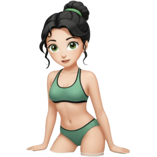 Fullbody nude very beautiful white young woman very beautiful face with freckles, green almond eyes long lashes, wavy  black hair in a bun i big boobs, big ass, sexy body,  bending over, getting ready for sex, realistic, big ass, busty but skinny, white socks on, and gray bikini but rest nude emoji