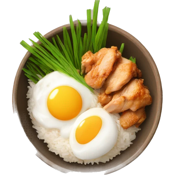a bowl of rice with two eggs and chicken thigh upright emoji