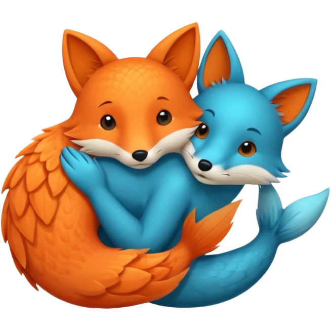 An orange fish and a teal blue fox, that are hugging or cuddling each other emoji
