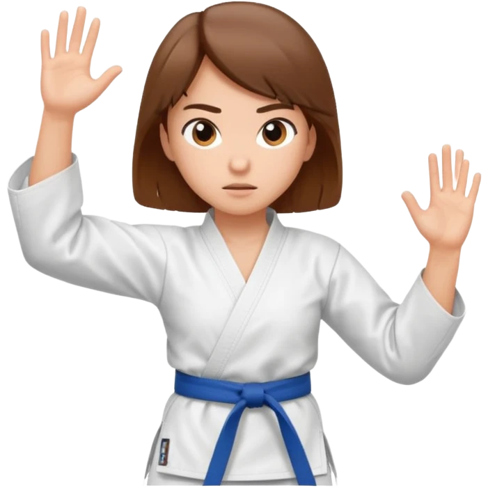 Ragazza castana che pratica karate, ha la cintura nera ed io tradizionale kimono bianco del karate, in posizione di guardia emoji