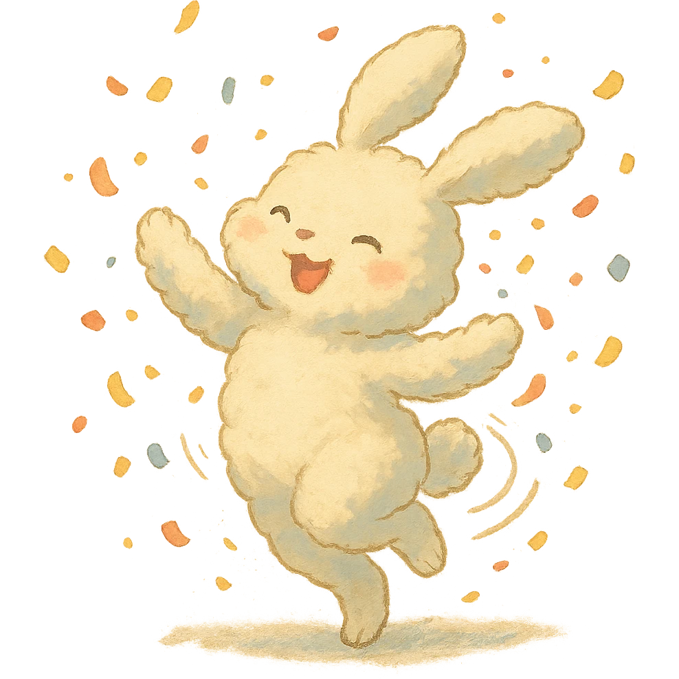 cotton bunny throwing confetti and spinning in soft Ghibli style emoji