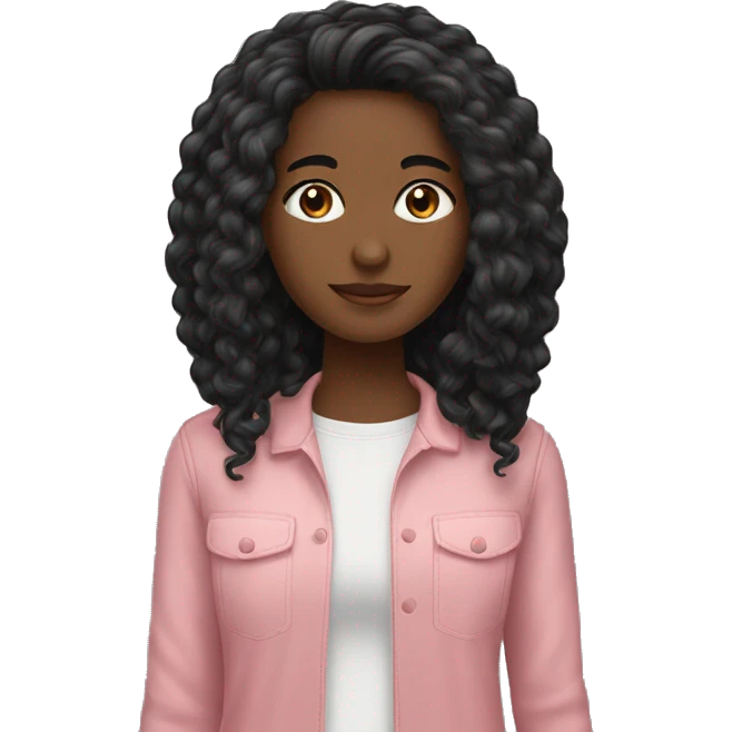 cabelo longo preto enrolado, menina pele bege, olhos pretos, roupa rosa claro. emoji