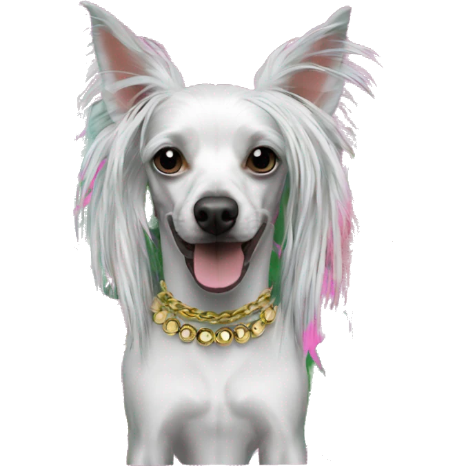Punk tropical palm leaves flowers Chinese crested dog neon rainbow cyan green pink hair gold chain punk piercings tattoos punk ear piercings emoji