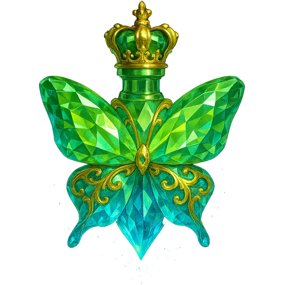 luxurious crystal butterfly-shaped bottle with short neck and crown, green (#c0ff53) and blue colors, many glowing facets, ornaments, magical effects, golden details, transparent background, beautiful merging bottom, bottle clearly floating in air with no base or shadow, very similar to original emoji
