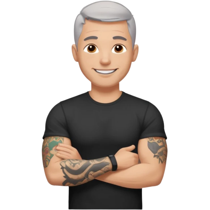 un homme de 35 ans, cheveux très court gris, qui sourit, musclé avec un seul bras tatoué et un tee shirt noir emoji