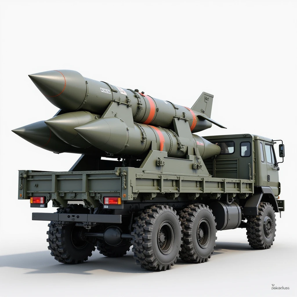 Iskander-M missile system, rocket carrier truck, realistic style, detailed, rear view emoji