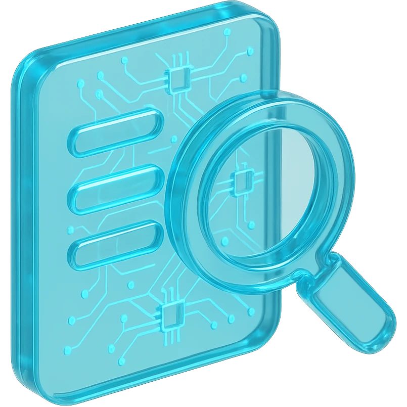 Minimalist icon of a magnifying glass over a list with highlighted words, cyan blue emoji